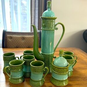 Vintage MCM Green Ceramic Coffee Set | Carafe  16 1/2 tall by 8 1/2 wide